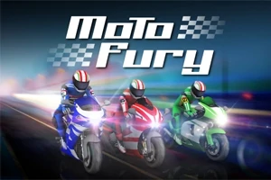 Traja motorkári na športových motocykloch, jednu modrú, jednu červenú a jednu zelenú, jazdiaci na ceste so svetelnými efektmi, s nápisom Moto Fury nad nimi