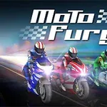 Traja motorkári na športových motocykloch, jednu modrú, jednu červenú a jednu zelenú, jazdiaci na ceste so svetelnými efektmi, s nápisom Moto Fury nad nimi