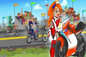 Motorkárska pretekárska scéna so ženskou jazdkyňou v popredí a divákmi v pozadí