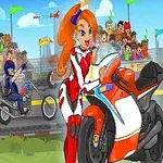 Motorkárska pretekárska scéna so ženskou jazdkyňou v popredí a divákmi v pozadí
