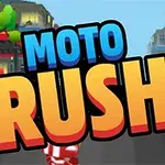 Farebný nápis MOTO RUSH pred animovanou mestskou ulicou s budovami a stromami