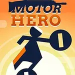 Silueta postavy jazdiacej na motorke s názvom hry na oranžovo-žltom pozadí