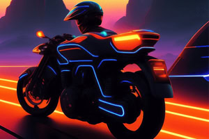 Motorka so svietiacimi neonovými líniami v futuristickej krajine s jasnými oranžovými a fialovými odtieňmi