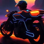 Motorka so svietiacimi neonovými líniami v futuristickej krajine s jasnými oranžovými a fialovými odtieňmi