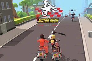 Dvaja animovaní jazdci na skútri v oranžových a žltých oblekoch na ceste s logom a nápisom Motor Rush