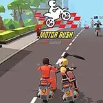Dvaja animovaní jazdci na skútri v oranžových a žltých oblekoch na ceste s logom a nápisom Motor Rush