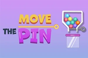 Farebný text MOVE THE PIN vedľa nádoby s farebnými guličkami na fialovo-modrom pozadí