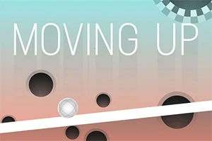 Názov MOVING UP s guľou balansujúcou na naklonenej ploche, s otvormi a vzorom na farebnom pozadí