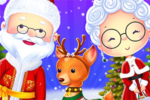 Santa Claus a pani Clausová stoja vedľa soba s vianočným stromčekom v pozadí