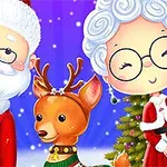 Santa Claus a pani Clausová stoja vedľa soba s vianočným stromčekom v pozadí