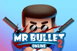Karikatúrna postava s tmavými okuliarmi a dvoma pištoľami za hlavou, s výrazným názvom MR BULLET 2 ONLINE v popredí