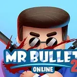 Karikatúrna postava s tmavými okuliarmi a dvoma pištoľami za hlavou, s výrazným názvom MR BULLET 2 ONLINE v popredí