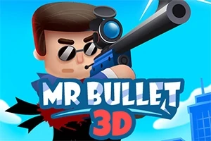 Kreslená postava s čiernymi okuliarmi a ostreľovacou puškou, text MR BULLET 3D v popredí, modrá obloha na pozadí