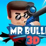 Kreslená postava s čiernymi okuliarmi a ostreľovacou puškou, text MR BULLET 3D v popredí, modrá obloha na pozadí