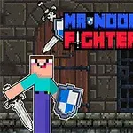 Dvaja pixeloví postavy držia zbrane a štíty pred tmavým pozadím s textom Mr Noob Fighter nad nimi