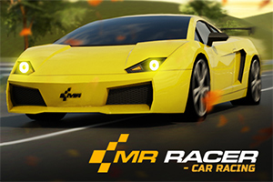 Žlté športové auto jazdí po ceste s logom a textom MR RACER - CAR RACING v dolnej časti