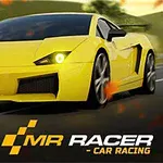 Žlté športové auto jazdí po ceste s logom a textom MR RACER - CAR RACING v dolnej časti
