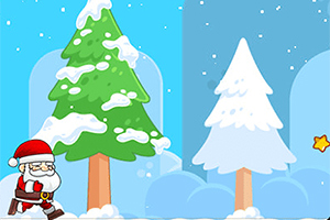 Santa Claus beží medzi zasneženými stromami v zimnej krajine s hviezdičkou na oblohe