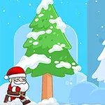 Santa Claus beží medzi zasneženými stromami v zimnej krajine s hviezdičkou na oblohe