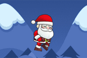 Santa Claus prezlečený v tradičnom červenom obleku skáče cez zasneženú krajinku s tmavomodrými vrcholmi