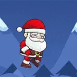 Santa Claus prezlečený v tradičnom červenom obleku skáče cez zasneženú krajinku s tmavomodrými vrcholmi
