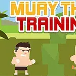 Dvaja karikatúrni bojovníci trénujú pred zelenou kulisou, s nápisom Muay Thai Training nad nimi