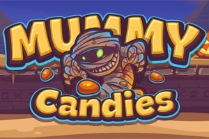 Kreslená múmia s veľkým úsmevom obklopená cukríkmi a nápisom Mummy Candies