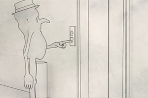 Postava s klobúkom stláča tlačidlo pri dverách výťahu