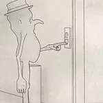 Postava s klobúkom stláča tlačidlo pri dverách výťahu