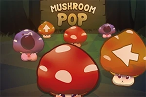 Farebné hríbiky s rôznymi symbolmi a nápisom Mushroom Pop na tmavom pozadí