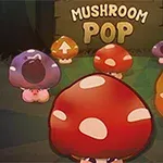 Farebné hríbiky s rôznymi symbolmi a nápisom Mushroom Pop na tmavom pozadí