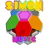 Farebný nápis „SIMON“ a „MUSIC“ nad a pod farebným mnohouholníkom s rôznymi segmentmi