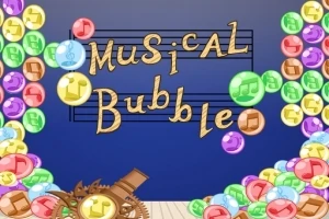 Farebné bubliny s hudobnými symbolmi a nápisom Musical Bubble na modrom pozadí