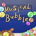 Farebné bubliny s hudobnými symbolmi a nápisom Musical Bubble na modrom pozadí