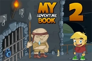 Chlapec stojí vedľa veľkého holohlavého muža so šatkou, oštepom a vedľa železných mreží v jaskynnom prostredí s nápisom My Adventure Book 2