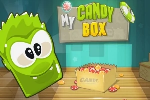 Veselý zelený postavičkový charakter vedľa kartónovej krabice s cukríkmi a nápisom My Candy Box na pozadí