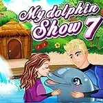 Žena a muž v bazéne objímajú delfína s farebnou džungľou a chatkou v pozadí
