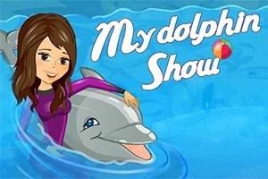 Žena v fialovom oblečení pláva s delfínom vo vode, vedľa nápisu My dolphin Show
