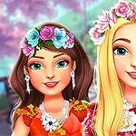Dve animované postavy s kvetinovými venčekmi na hlavách, jedna s hnedými vlasmi v oranžových šatách a druhá s blond vlasmi vo fialových, s nejasným pozadím prírody