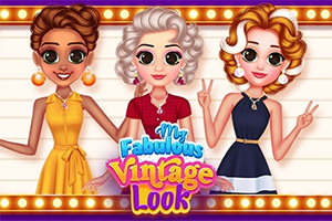 Tri postavy s veľkými očami v vintage šatách stojace vedľa seba na farebnom pozadí s nápisom My Fabulous Vintage Look