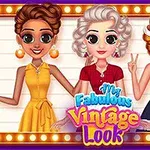 Tri postavy s veľkými očami v vintage šatách stojace vedľa seba na farebnom pozadí s nápisom My Fabulous Vintage Look