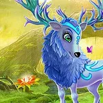 Modrý lesný jeleň s ornamentálnymi vzormi na srsti a farebnými motýľmi na rozkvitnutej lúke v magickom lese