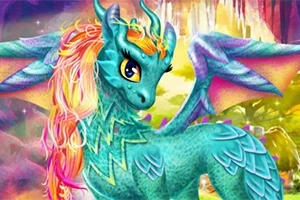 Farebný drak s dúhovou hrivou a roztiahnutými krídlami stojaci v žiarivej fantasy krajine