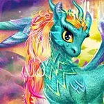 Farebný drak s dúhovou hrivou a roztiahnutými krídlami stojaci v žiarivej fantasy krajine