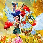 Postava v pirátskom oblečení stojí vedľa okrídleného tvora v svetlom a farebnom fantasy prostredí s kvetmi a loďou v pozadí