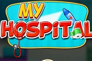 Nápis My Hospital s lekárskymi symbolmi, ako je stetoskop a tubička masti, na modrom pozadí