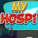 Nápis My Hospital s lekárskymi symbolmi, ako je stetoskop a tubička masti, na modrom pozadí