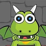 Zelený kreslený drak s veľkými očami a krídlami na sivom pozadí