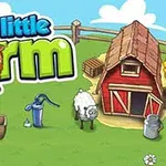 Kreslená farma s červenou stodolou, ovcou, sudmi, vodnou pumpou a veselým farmárom s bradou na zelenej lúke