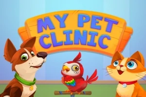 Pes s obojkom, papagáj a mačka pred nápisom „MY PET CLINIC“ na drevenej tabuli